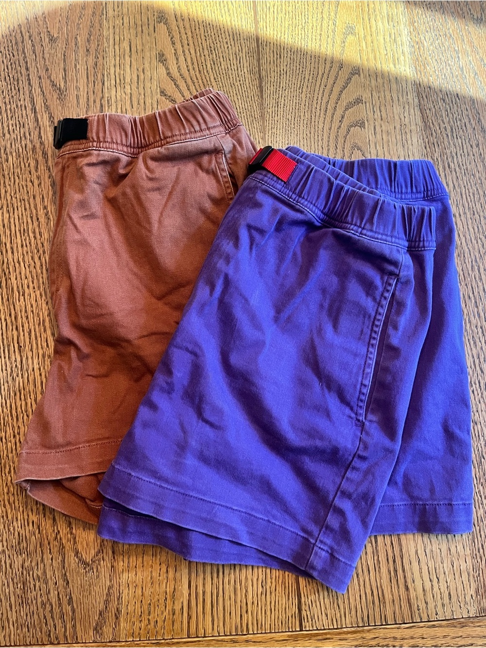 Topo Designs Two-Tone Elastic Waist Shorts bundle in Purple and Brown